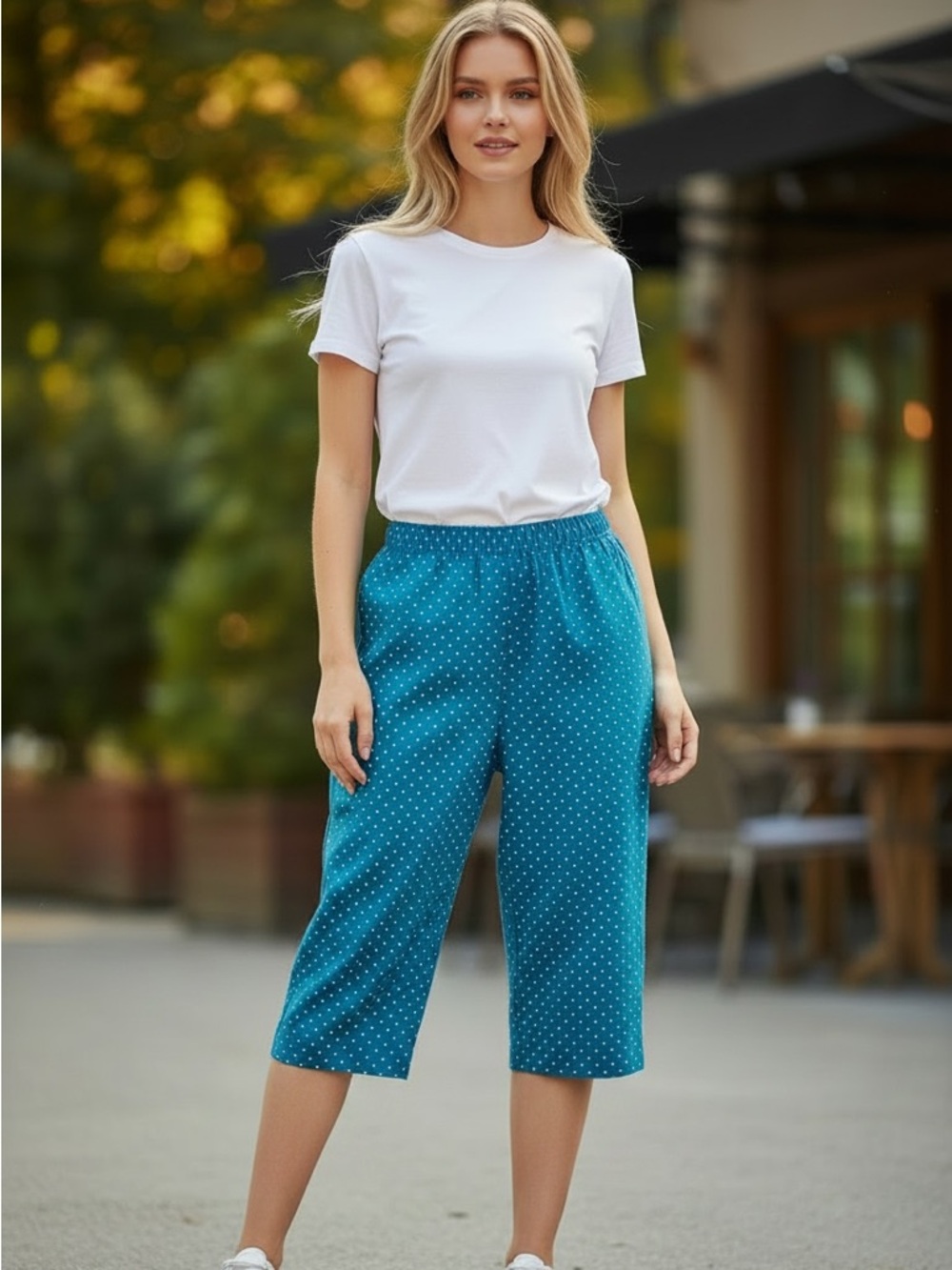 KIM ROGERS Capri’s Women’s SZ 8 Turquoise Dots Comfort Waist Stretch Elasticized